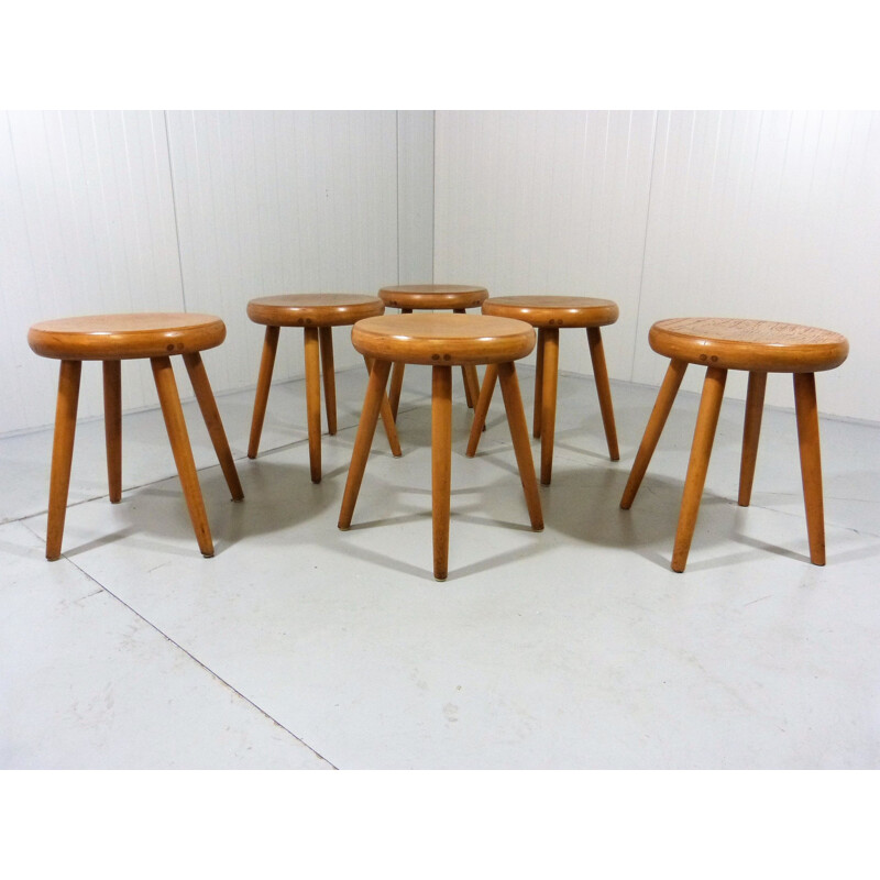 Set of 6 vintage beech wooden stools 1950s