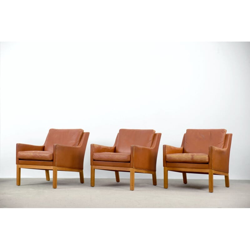 Set of 3 vintage armchairs wood structure covered with leather by Karl Erik Ekselius for J.O. Carlsson, Sweden 1960