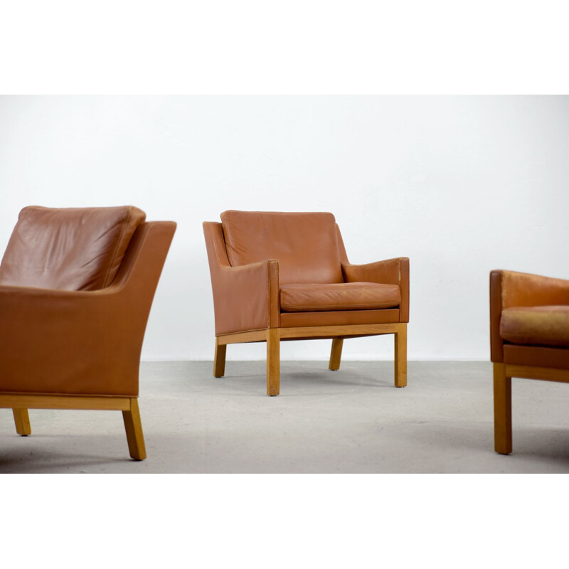 Set of 3 vintage armchairs wood structure covered with leather by Karl Erik Ekselius for J.O. Carlsson, Sweden 1960