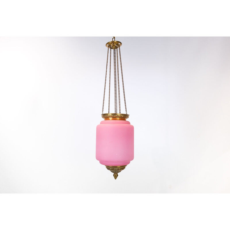 Vintage Antique pendant of pink opaline glass with brass edge and suspension 1860