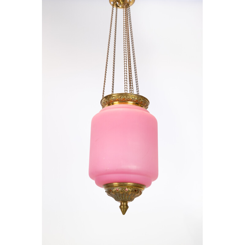 Vintage Antique pendant of pink opaline glass with brass edge and suspension 1860