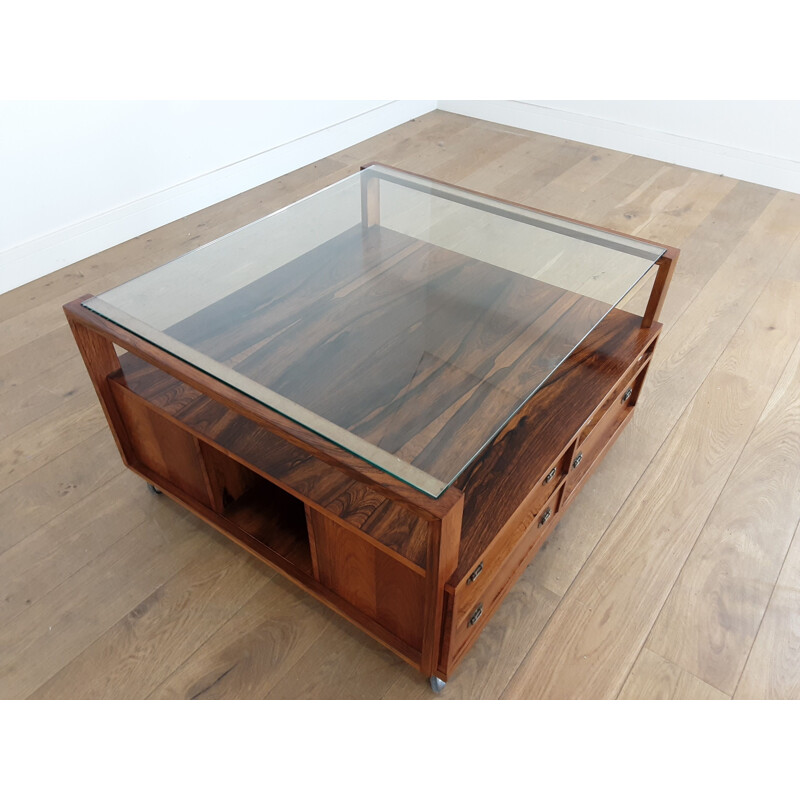 Mesa de centro de vidro Vintage rosewood, Dinamarca 1960