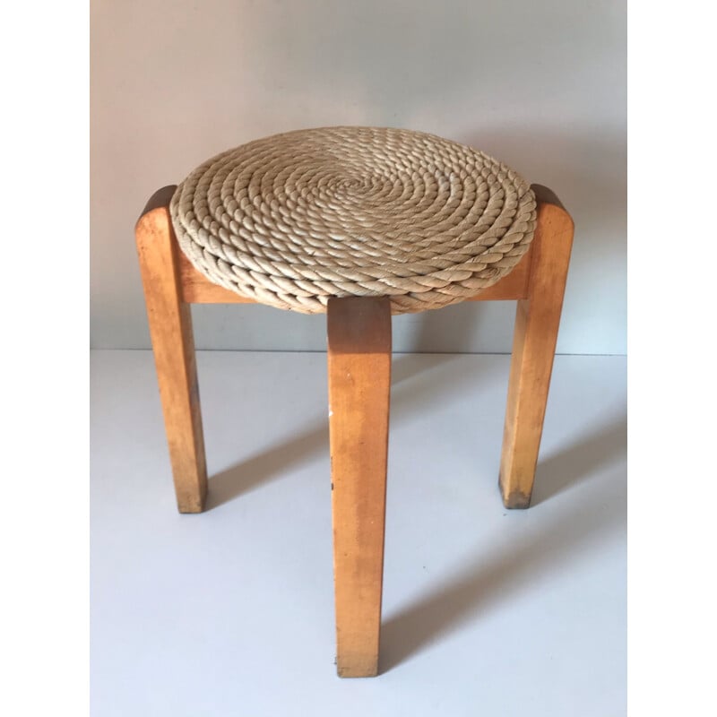 Vintage pine and straw stool 1980