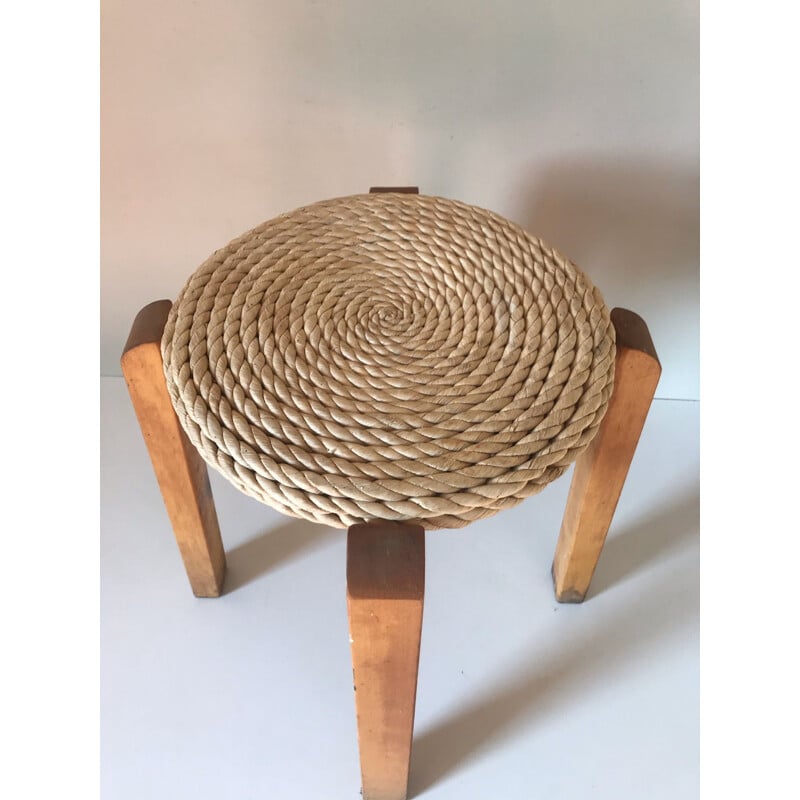 Vintage pine and straw stool 1980