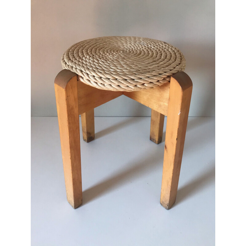 Vintage pine and straw stool 1980