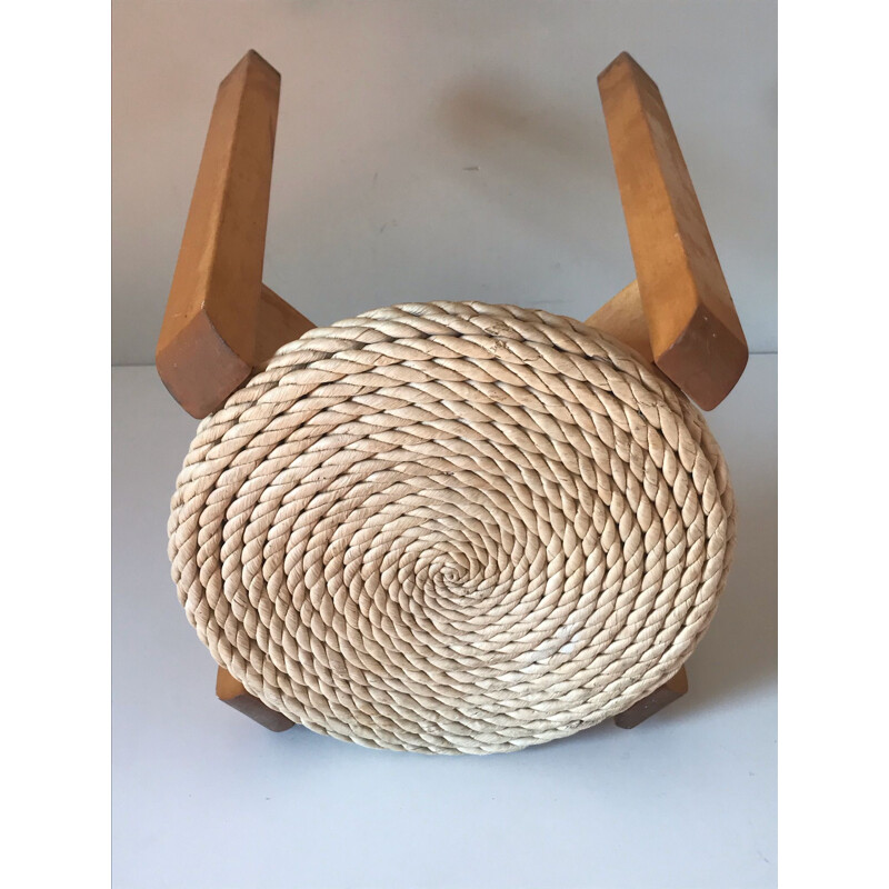 Vintage pine and straw stool 1980