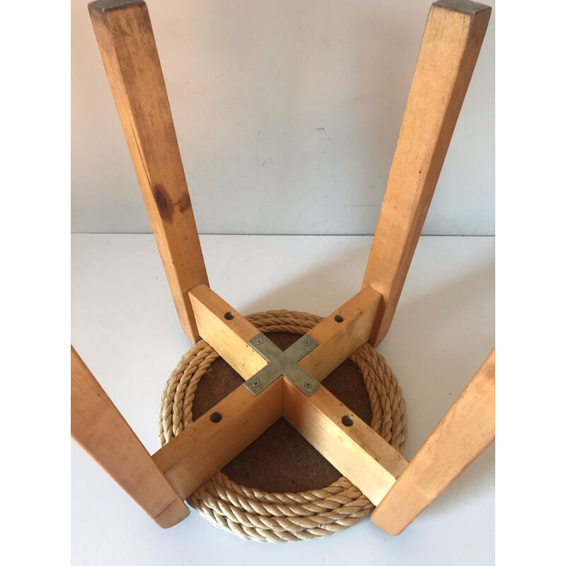 Vintage pine and straw stool 1980