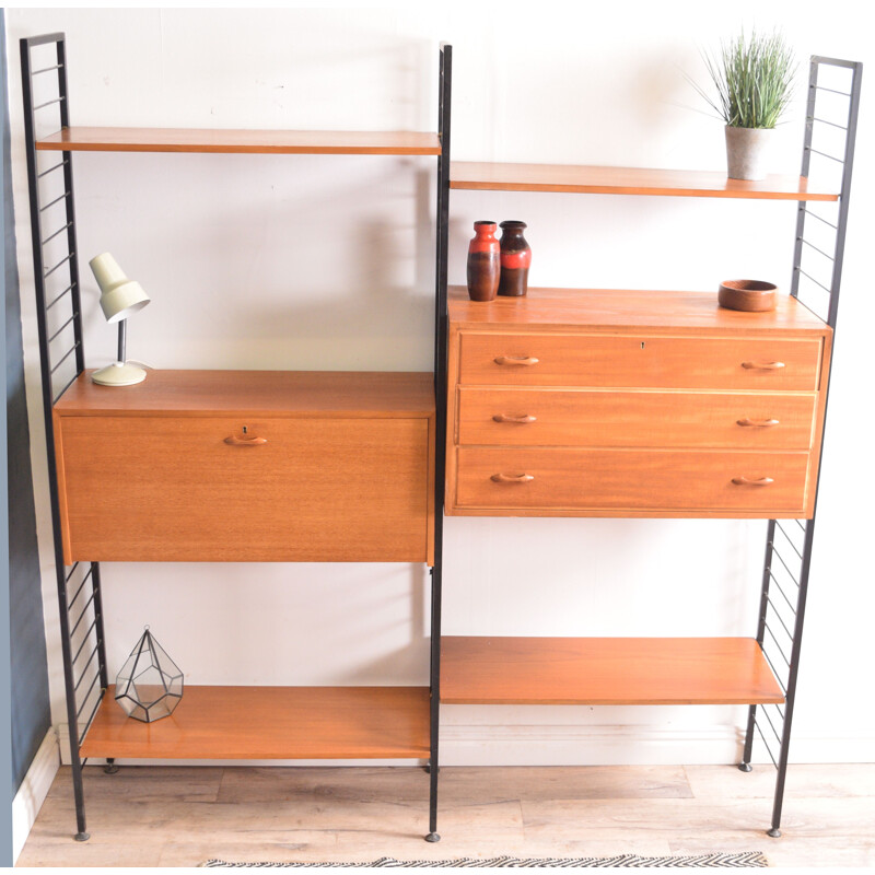 Vintage Teak 2 Bay Ladderax Wall System Shelving By Staples 1960s