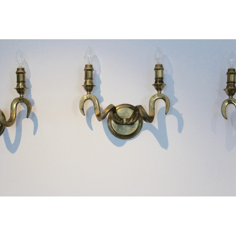 Set of 3 brass Kullmann rams wall lamps - 1970s