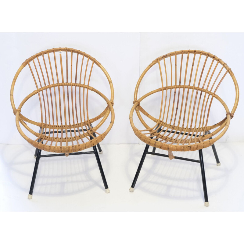 Pair of vintage armchair shell in rattan and metal 1960