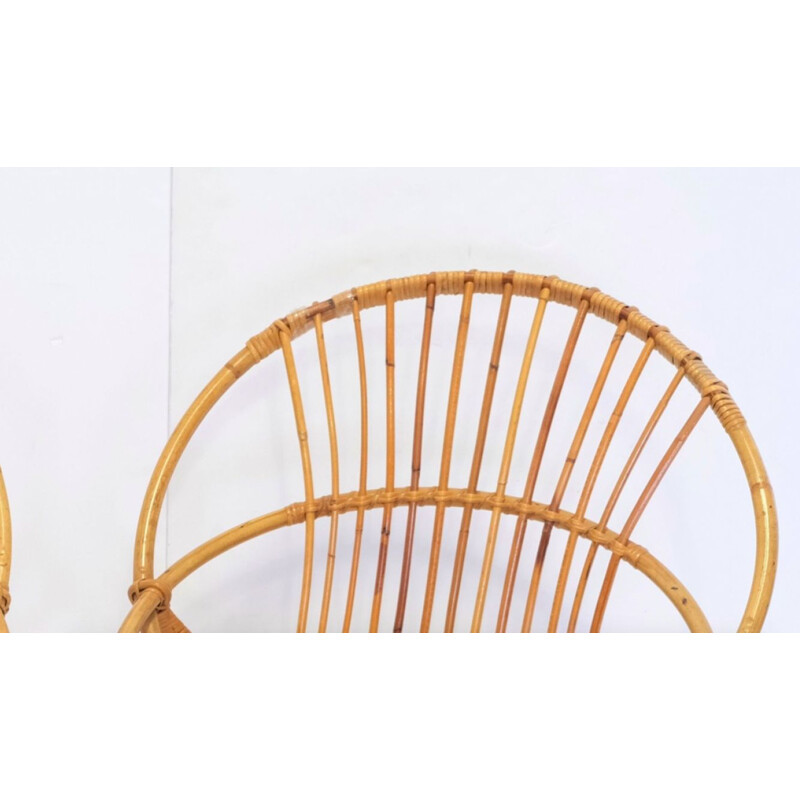 Pair of vintage armchair shell in rattan and metal 1960