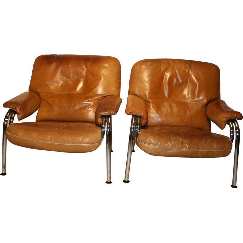 Pair of vintage leather chairs fom Hans Eichenberger for De Sede switzerland  1970s