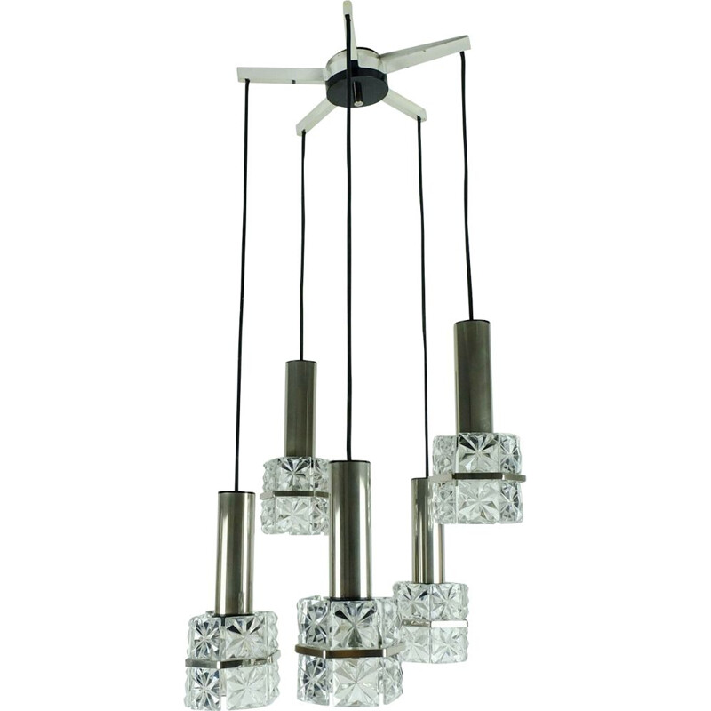 Suspension vintage Lampe à 5 lumières en cascade verre à facettes et chrome 1960
