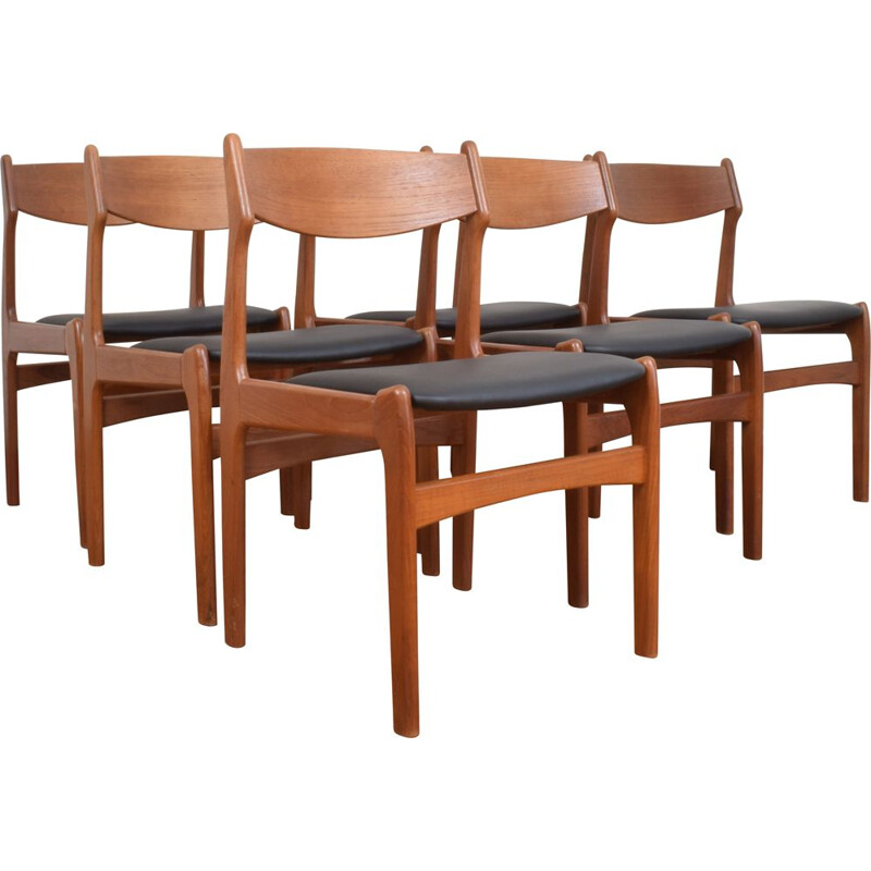  Ensemble de 6 chaises vintage en teck et en cuir Danemark 1960