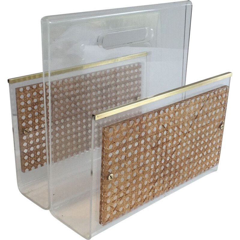 Pair of vintage magazine racks in plexiglass and brass, France 1970