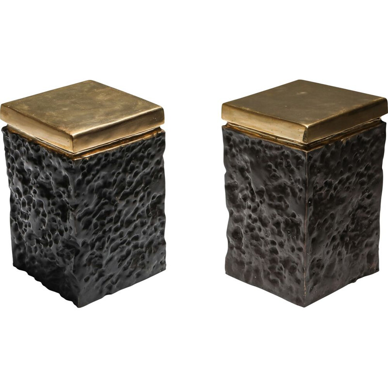 Pair of Vintage Black and Bronze Lava Stools 2010