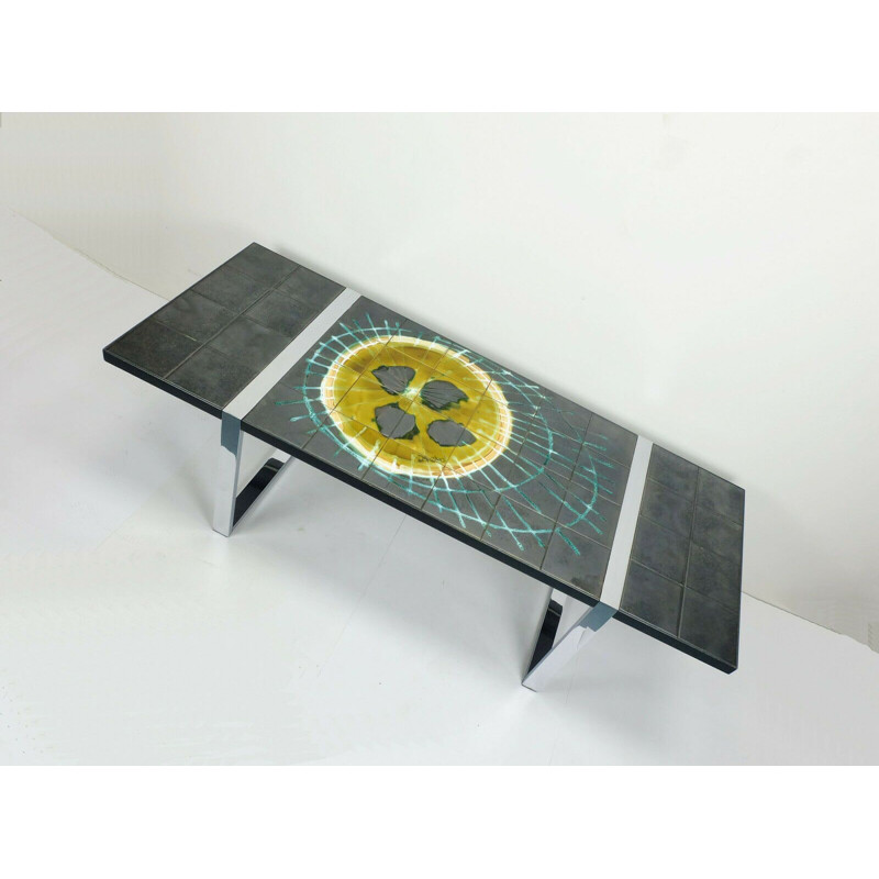Vintage Cooffee Table with ceramic tile top and chrome base Belarti 1960s