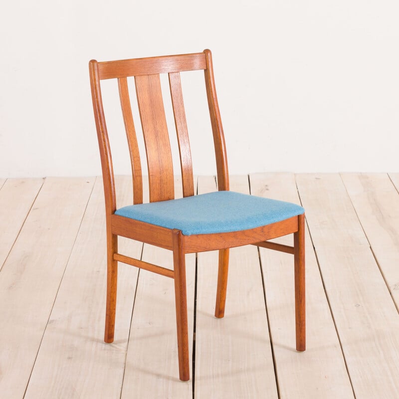 Set of 4 Danish mid-century teak chairs in new blue upholstery