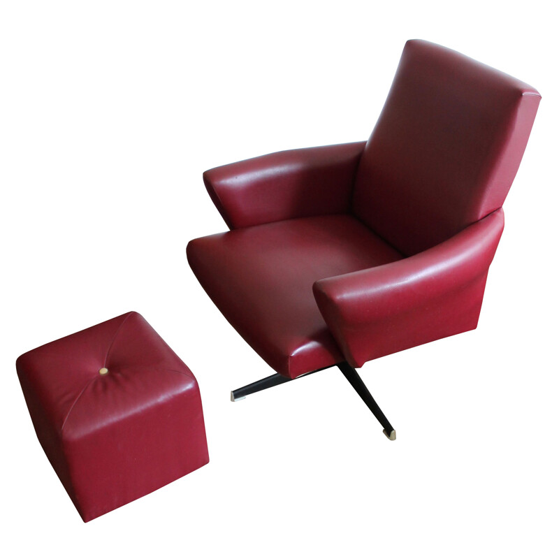 Vintage Swivel Armchair and tabouret in Burgundy Leather 1970s