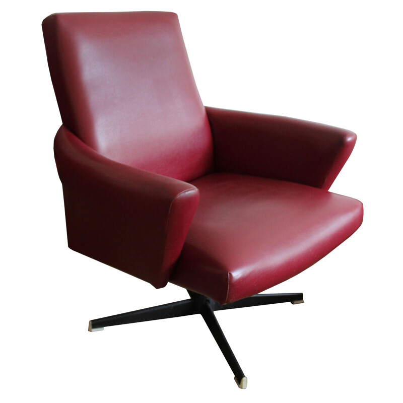 Vintage Swivel Armchair and tabouret in Burgundy Leather 1970s