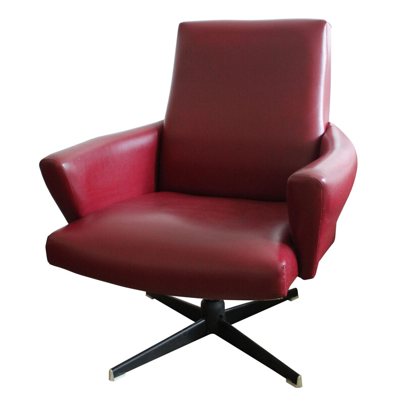 Vintage Swivel Armchair and tabouret in Burgundy Leather 1970s