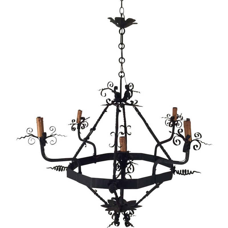 Vintage wrought iron chandelier with 4 arms, France 1940