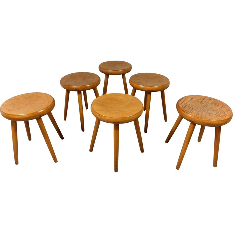 Set of 6 vintage beech wooden stools 1950s