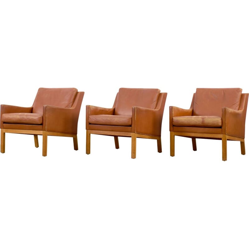 Set of 3 vintage armchairs wood structure covered with leather by Karl Erik Ekselius for J.O. Carlsson, Sweden 1960