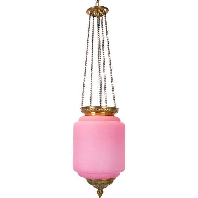 Vintage Antique pendant of pink opaline glass with brass edge and suspension 1860