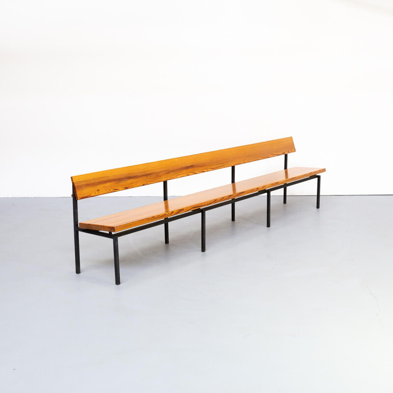Vintage pine and metal church bench 1980s 