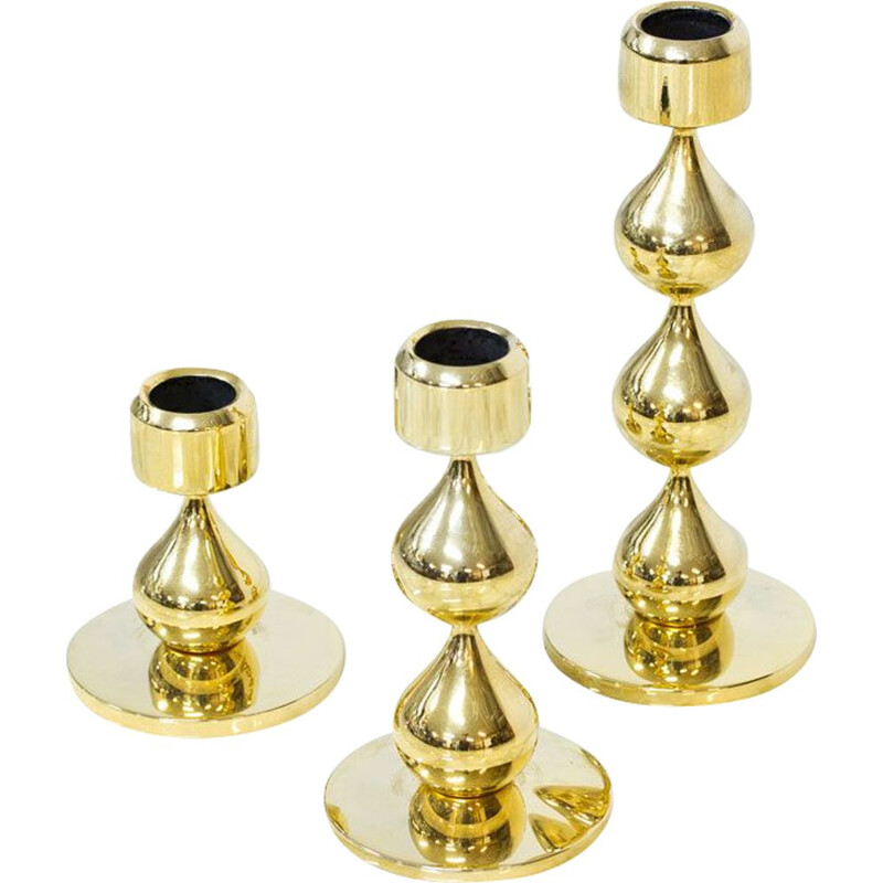 Set of 3 vintage Gold-Plated Candleholders by Hugo Asmussen Danish 1970s