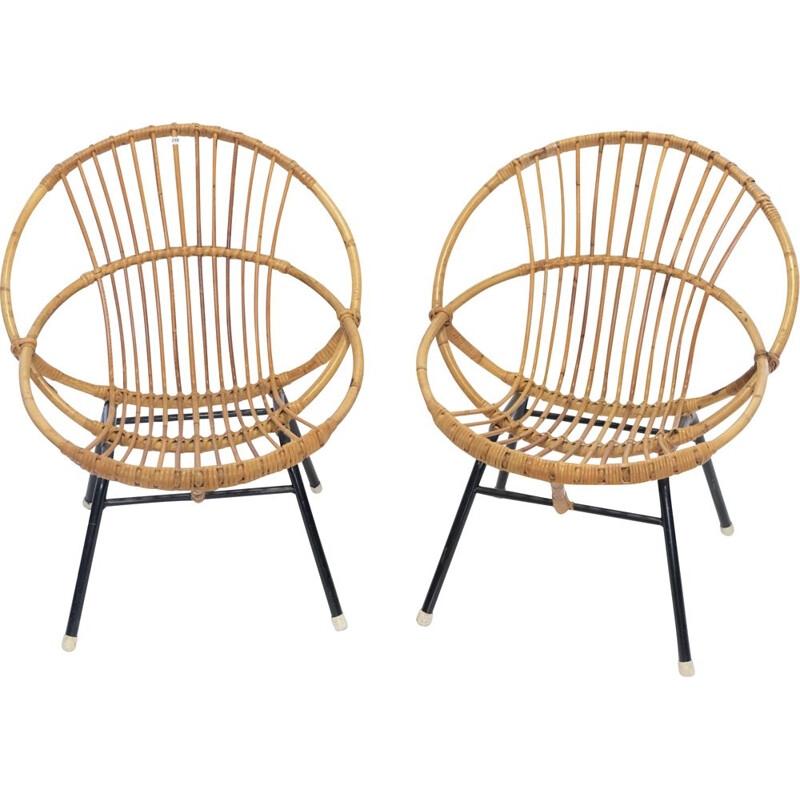 Pair of vintage armchair shell in rattan and metal 1960