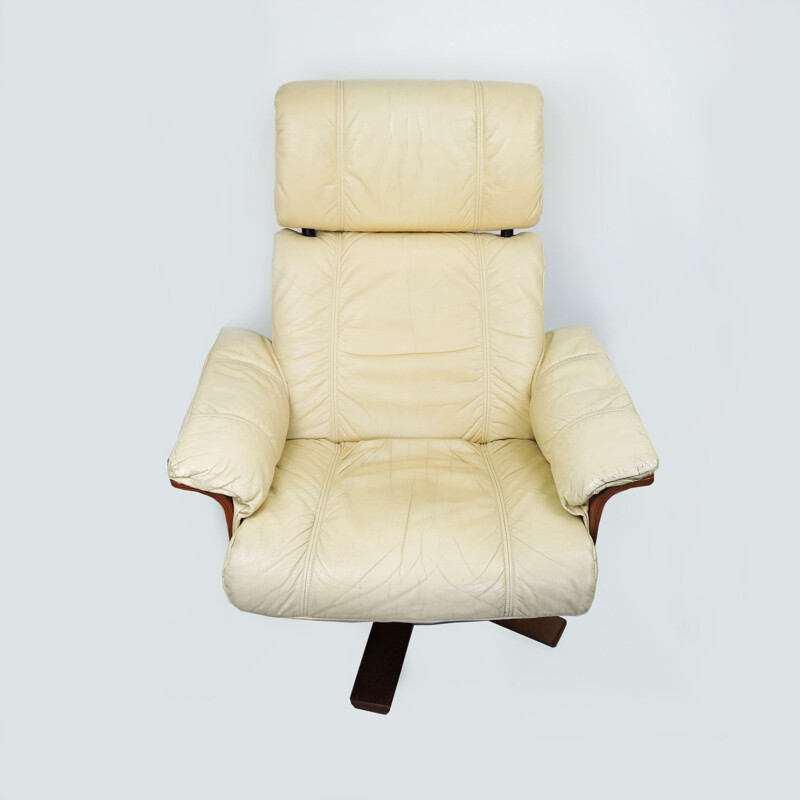 Vintage Cream Leather Lounge Chair and Ottoman, 1970s