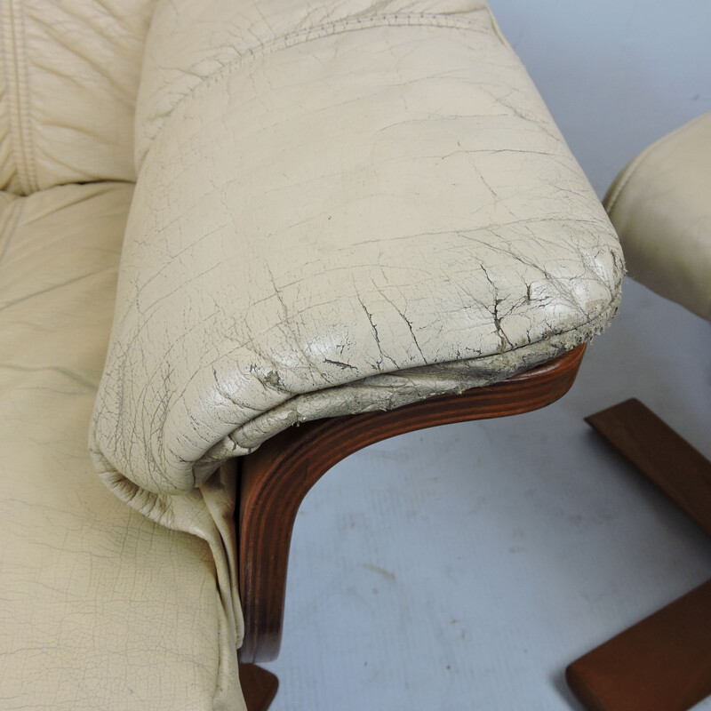 Vintage Cream Leather Lounge Chair and Ottoman, 1970s