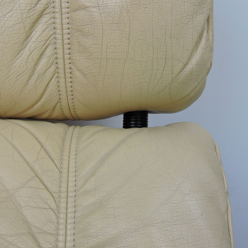 Vintage Cream Leather Lounge Chair and Ottoman, 1970s