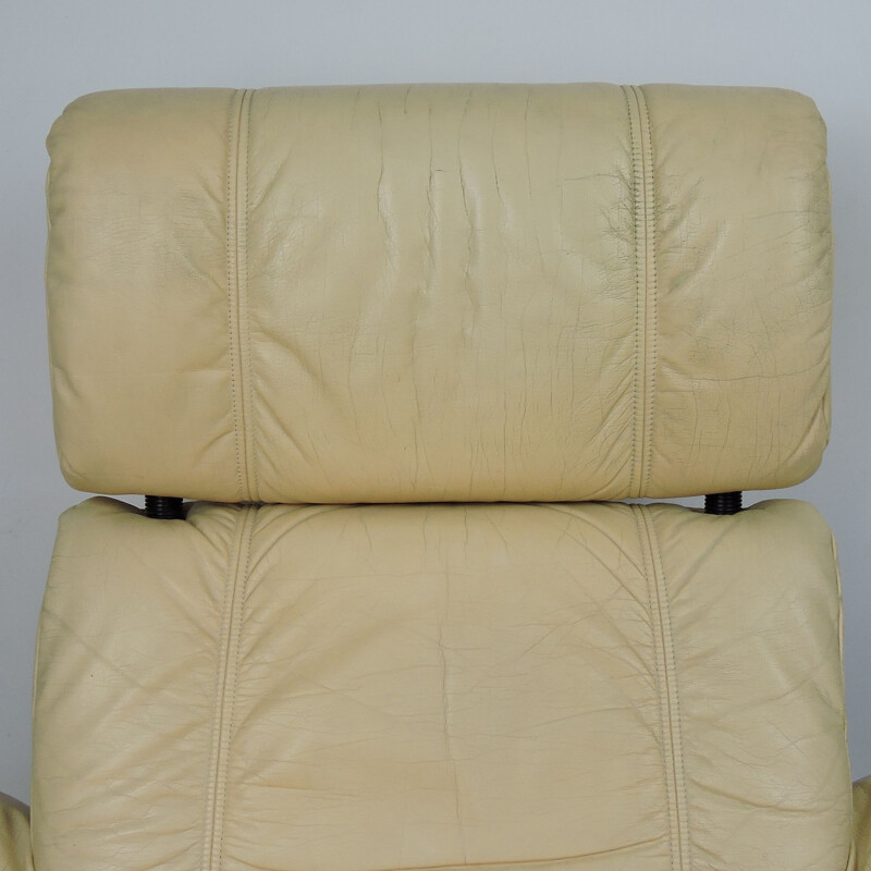 Vintage Cream Leather Lounge Chair and Ottoman, 1970s