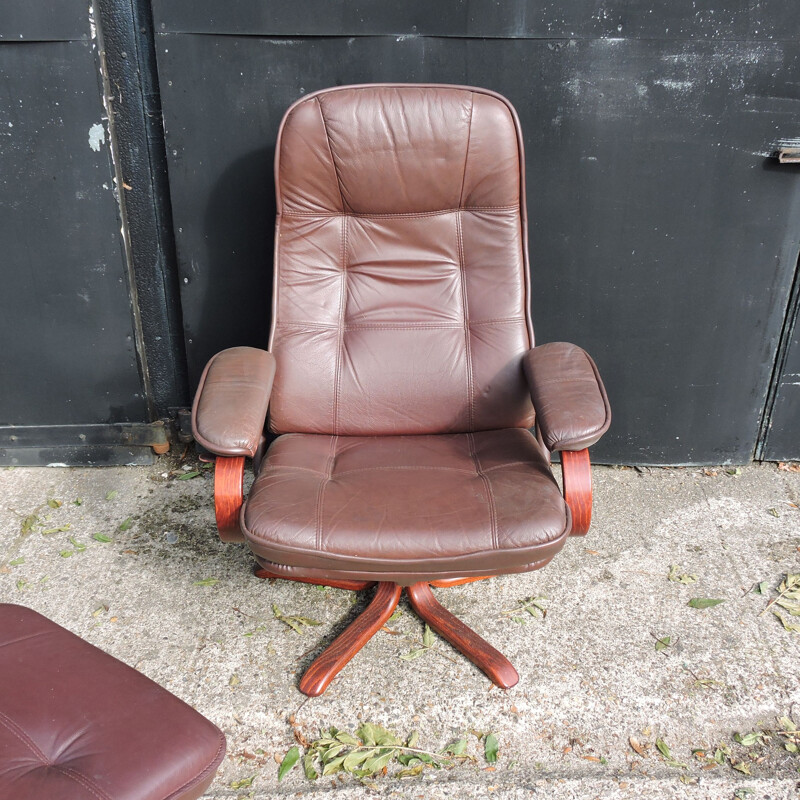 Fauteuil lounge et pouf vintage en cuir marron, 1980
