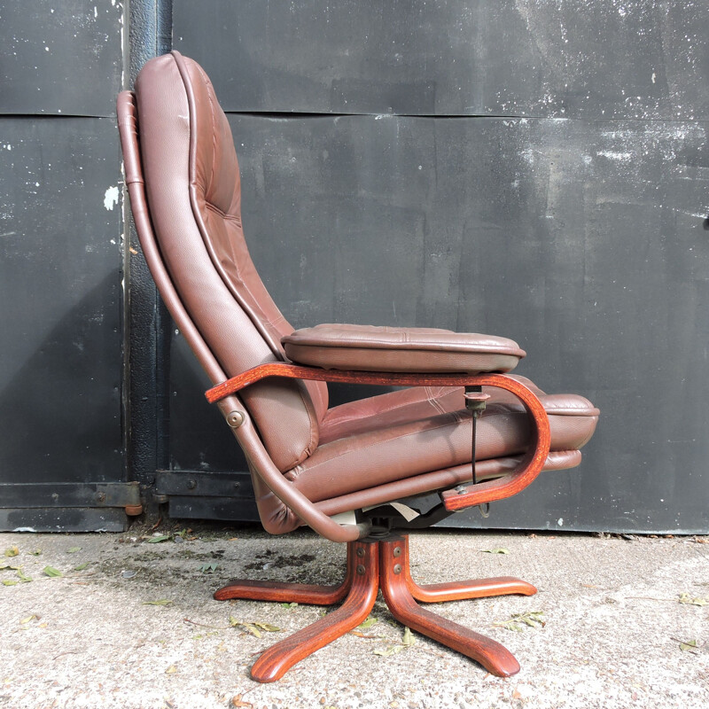 Fauteuil lounge et pouf vintage en cuir marron, 1980