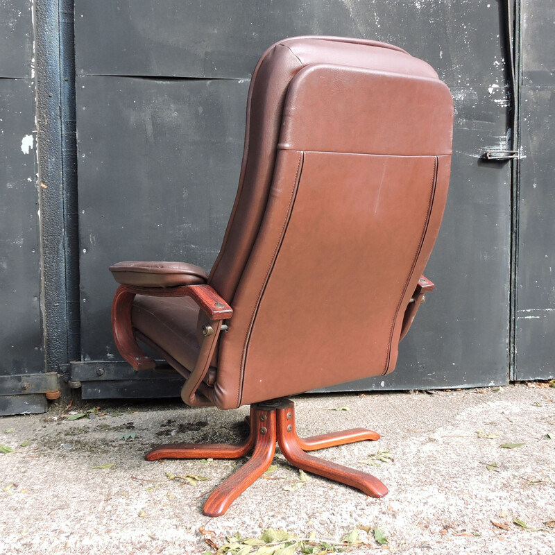 Vintage Brown Leather Lounge Chair and Ottoman, 1980s