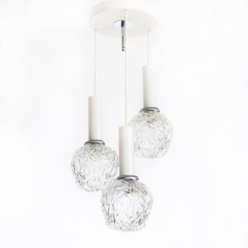Vintage suspension or Ceiling light in glass and painted metal. France, 1970