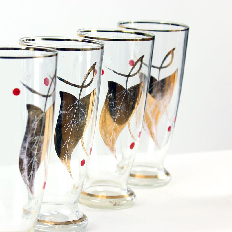 Set of 4 vintage glasses and pitcher with gold details, Czech 1960