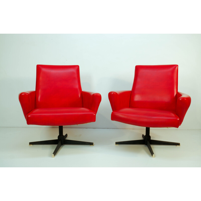 Pair of Vintage Red Swivel Armchairs by Drevotvar, 1978