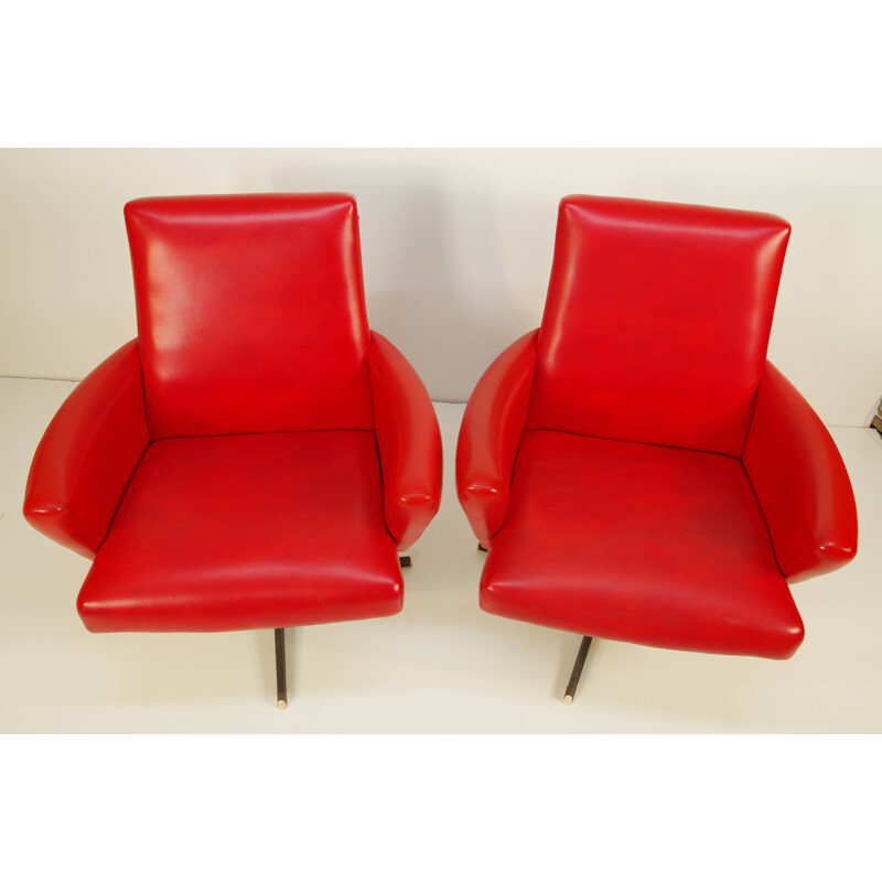 Pair of Vintage Red Swivel Armchairs by Drevotvar, 1978