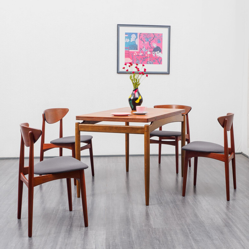 Vintage teak dining table, extendable fold-out table top 1960s