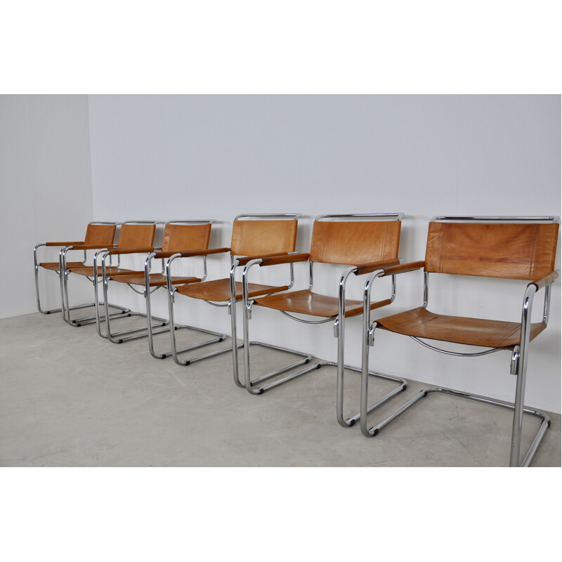 Lot de 6 chaises de salle à manger tubulaires vintage avec accoudoirs dans le style de Mart Stam 1980