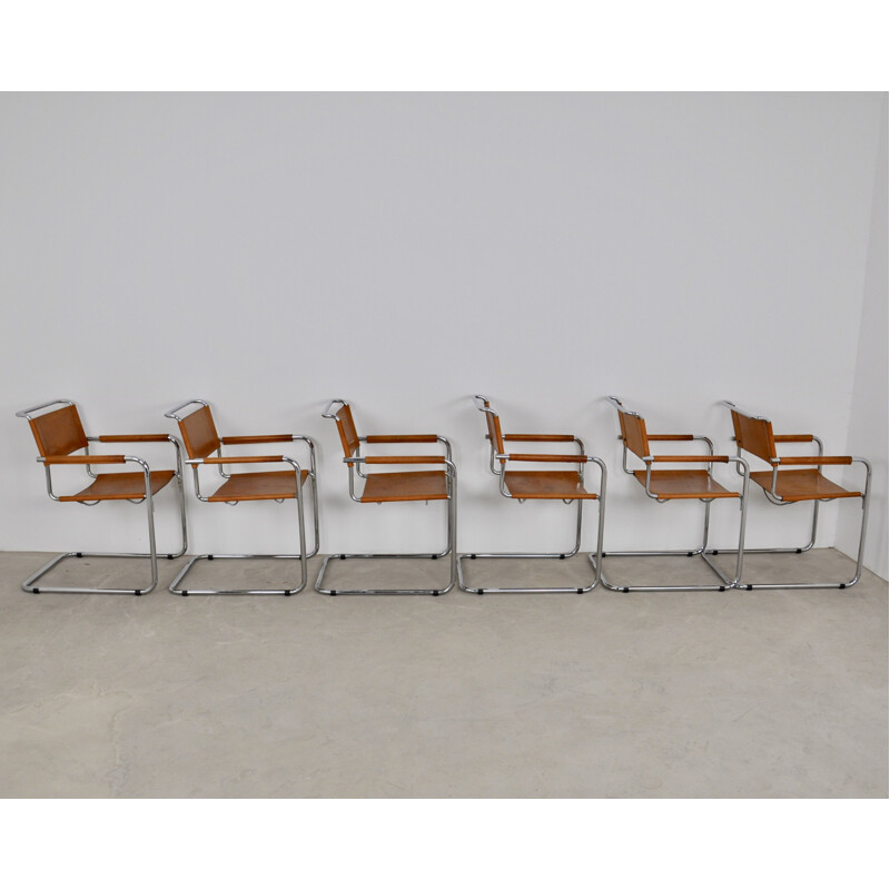 Set of 6 Vintage Tubular Dining Chair with Armrests in the Style of Mart Stam, 1980s