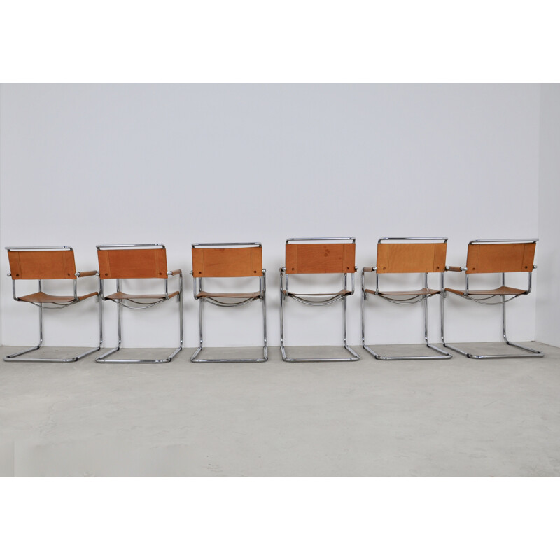 Set of 6 Vintage Tubular Dining Chair with Armrests in the Style of Mart Stam, 1980s