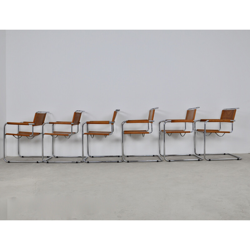 Lot de 6 chaises de salle à manger tubulaires vintage avec accoudoirs dans le style de Mart Stam 1980