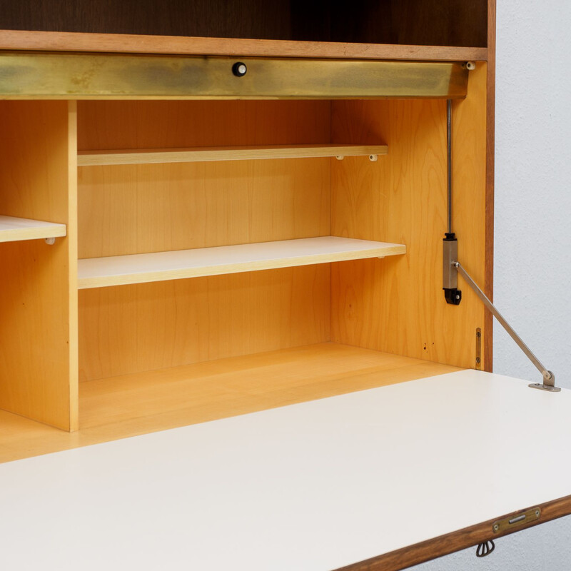 Vintage walnut wall cabinet  secretary desk with lighting, 1960s