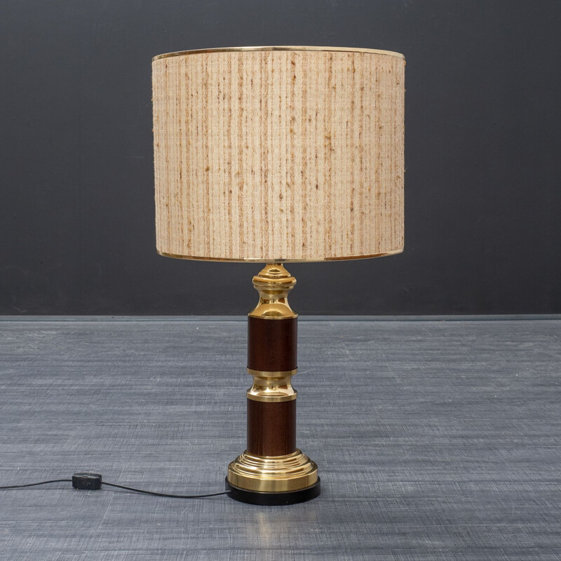 Large vintage table lamp, wood & brass 1970s